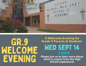 Gr9 WELCOME Evening ~ Wed Sept 14th